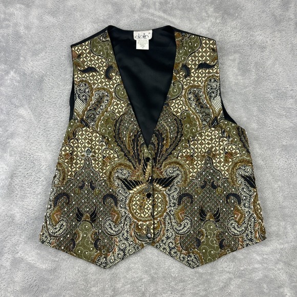 Darlington Isle Jackets & Blazers - Vtg Dalin Waistcoat Vest Plus Sz 1X Beads Pearls Gold Black Olive Paisley Floral